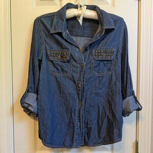 Seven Women’s Embellished Denim Roll Up Sleeve Blouse Blue M